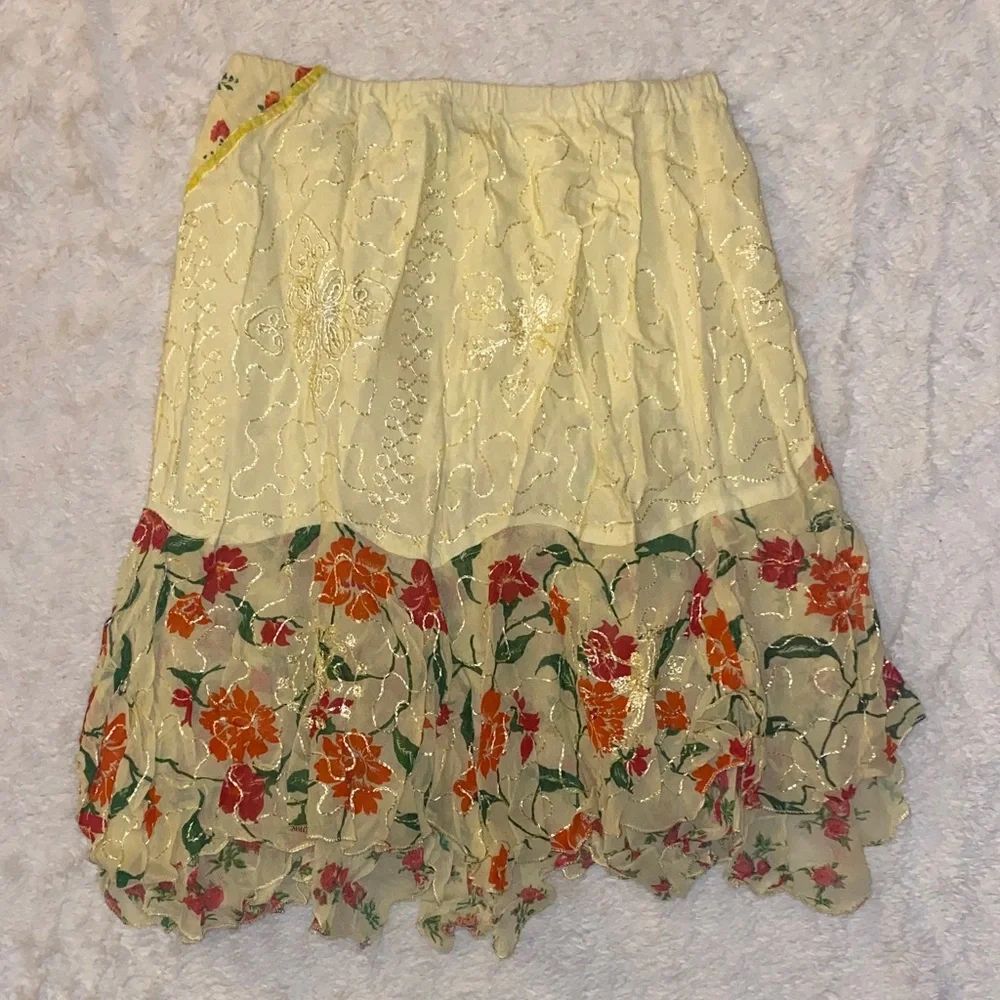 Pale Yellow Embroidered Skirt with Red and Green Floral Accents - Picture 3 of 4